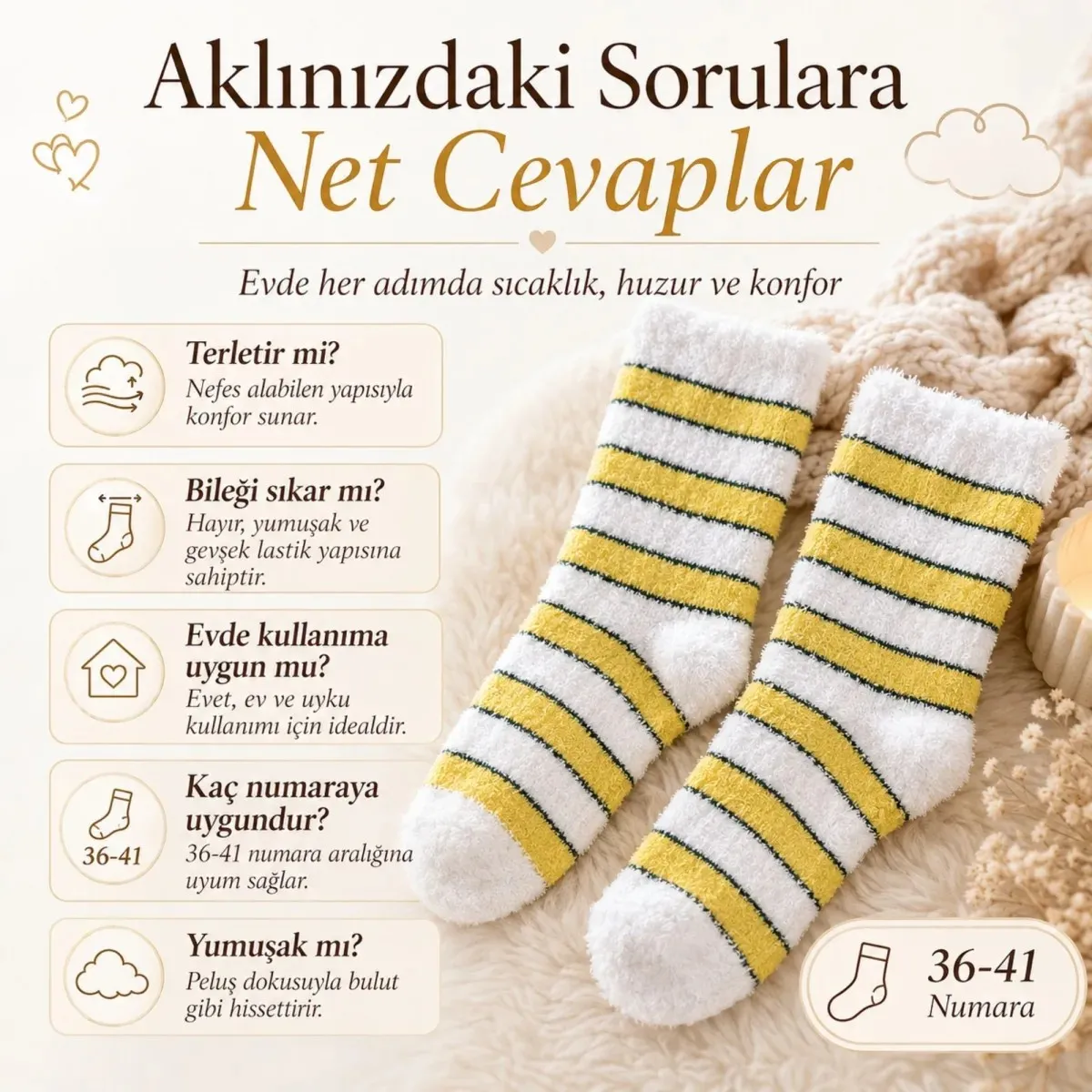 Peluş Çizgili Kadın Uyku Çorabı 36-40 Yumuşak Sıcak Tutan Sıkmayan Ev Çorabı Sarı Beyaz görseli