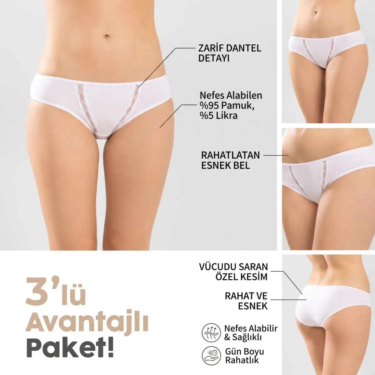 Kadın Pamuklu Zikzak İşlemeli Bikini Kesim Külot 3'lü Paket | Siyah Beyaz Dantel Detaylı İç Çamaşırı