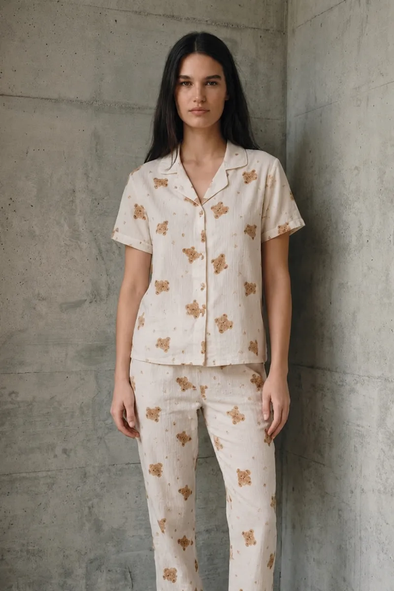 V Yaka Düğmeli Casual Kırık Beyaz Pijama Takımı görseli