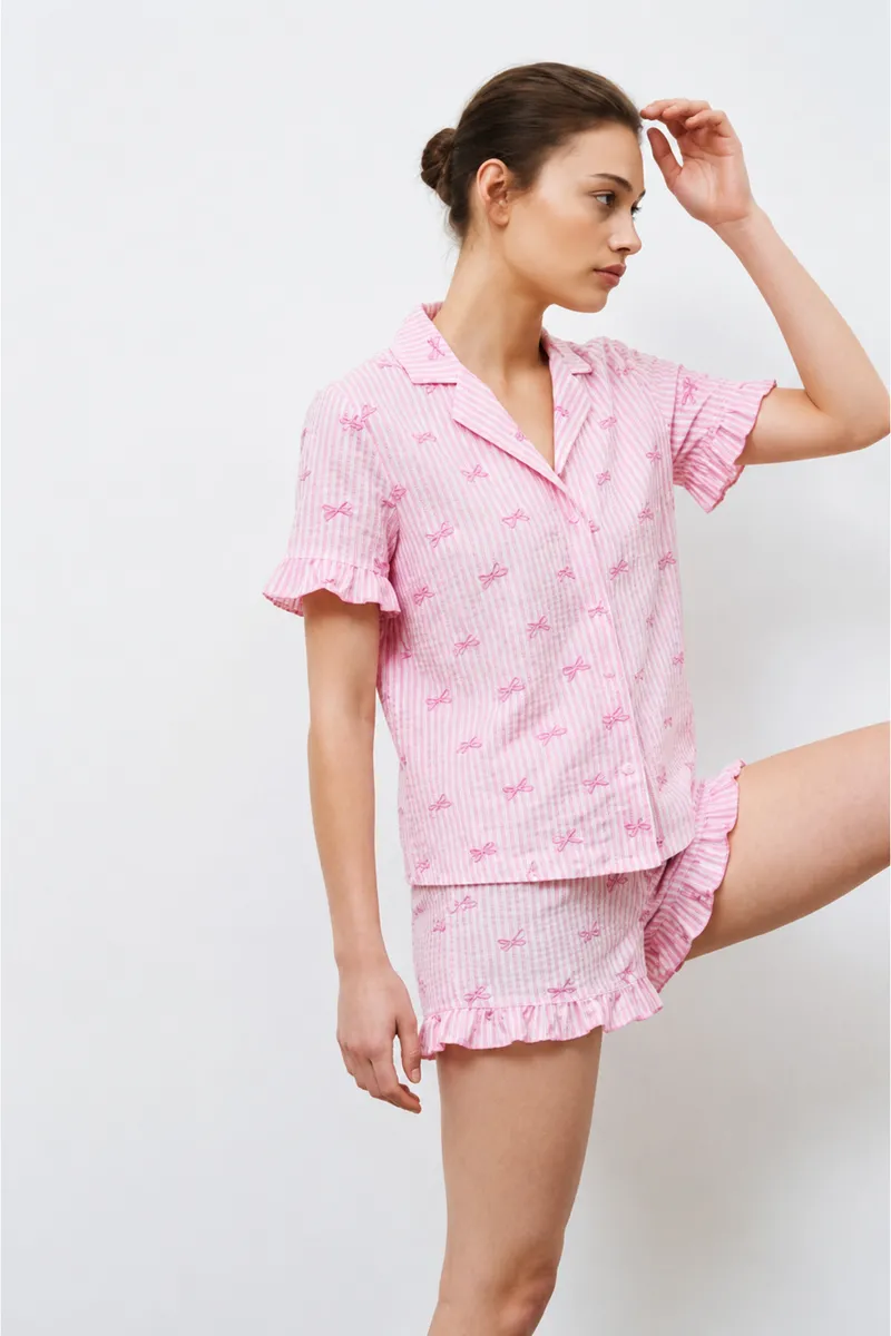 Kadın Premium Fırfırlı Pembe Pijama Takımı görseli