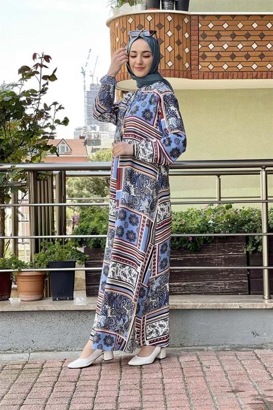 A Pileli Desenli Elbise KİREMİT görseli
