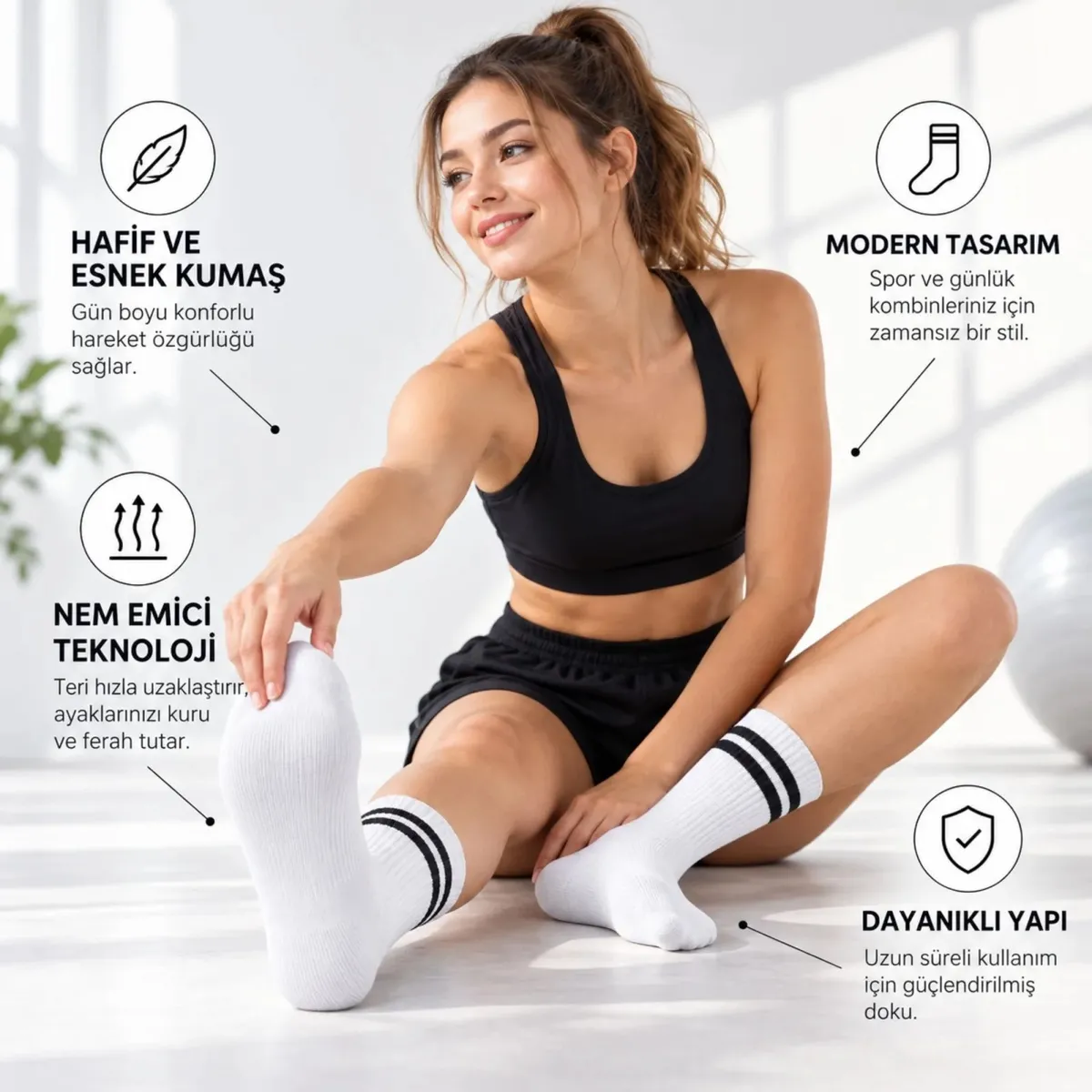 Unisex Beyaz Çorap Siyah Çizgili 3'lü Set Uzun Soket Günlük Spor Kolej Stil Rahat Kadın Erkek Çorabı görseli