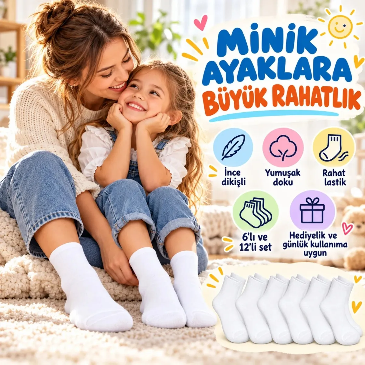 Çocuk Beyaz Çorap 12'li İnce Dikişli Yumuşak Nefes Alabilen Okul Günlük Rahat Çorap 5-11 Yaş Seti görseli