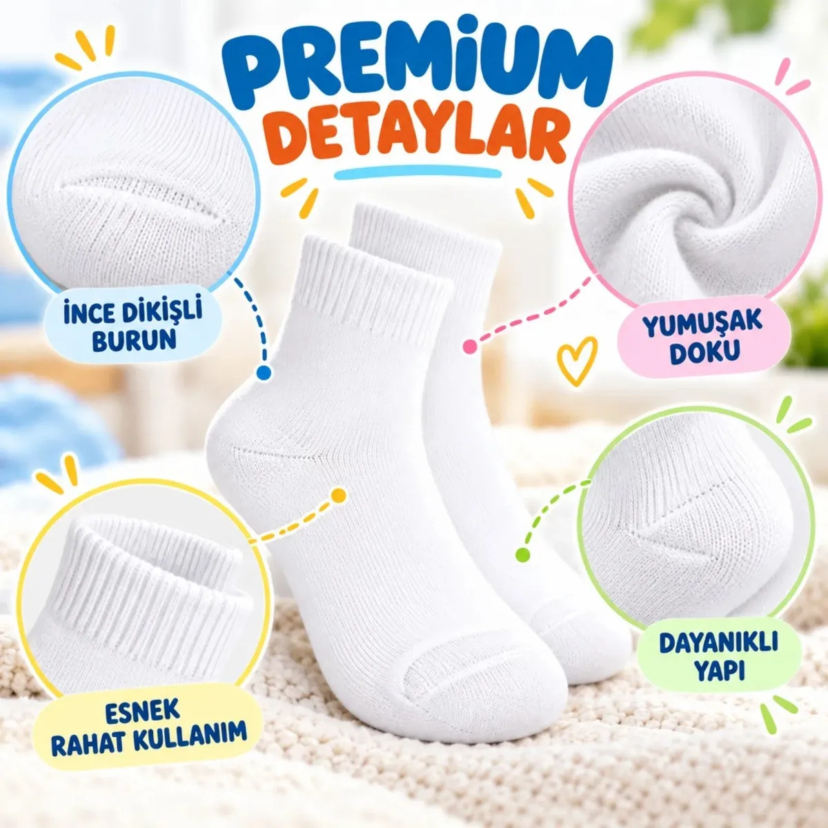 Çocuk Beyaz Çorap 12'li İnce Dikişli Yumuşak Nefes Alabilen Okul Günlük Rahat Çorap 5-11 Yaş Seti görseli