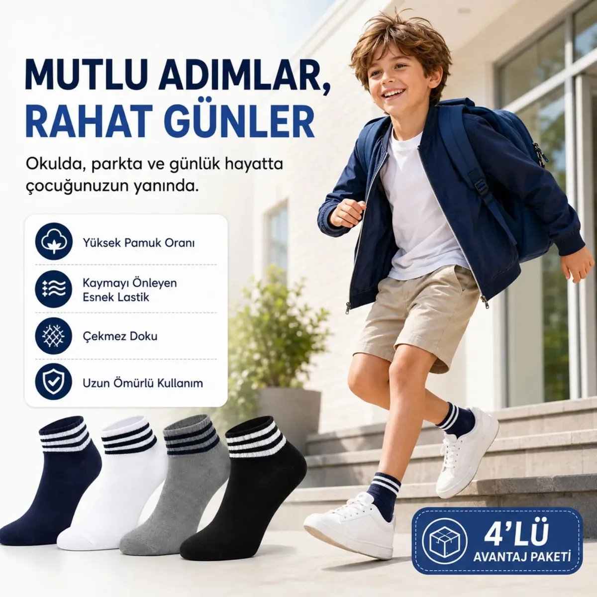Erkek Çocuk Pamuklu Çizgili Patik Çorap 4'lü | Nefes Alan Esnek Okul Günlük Spor Çorabı görseli
