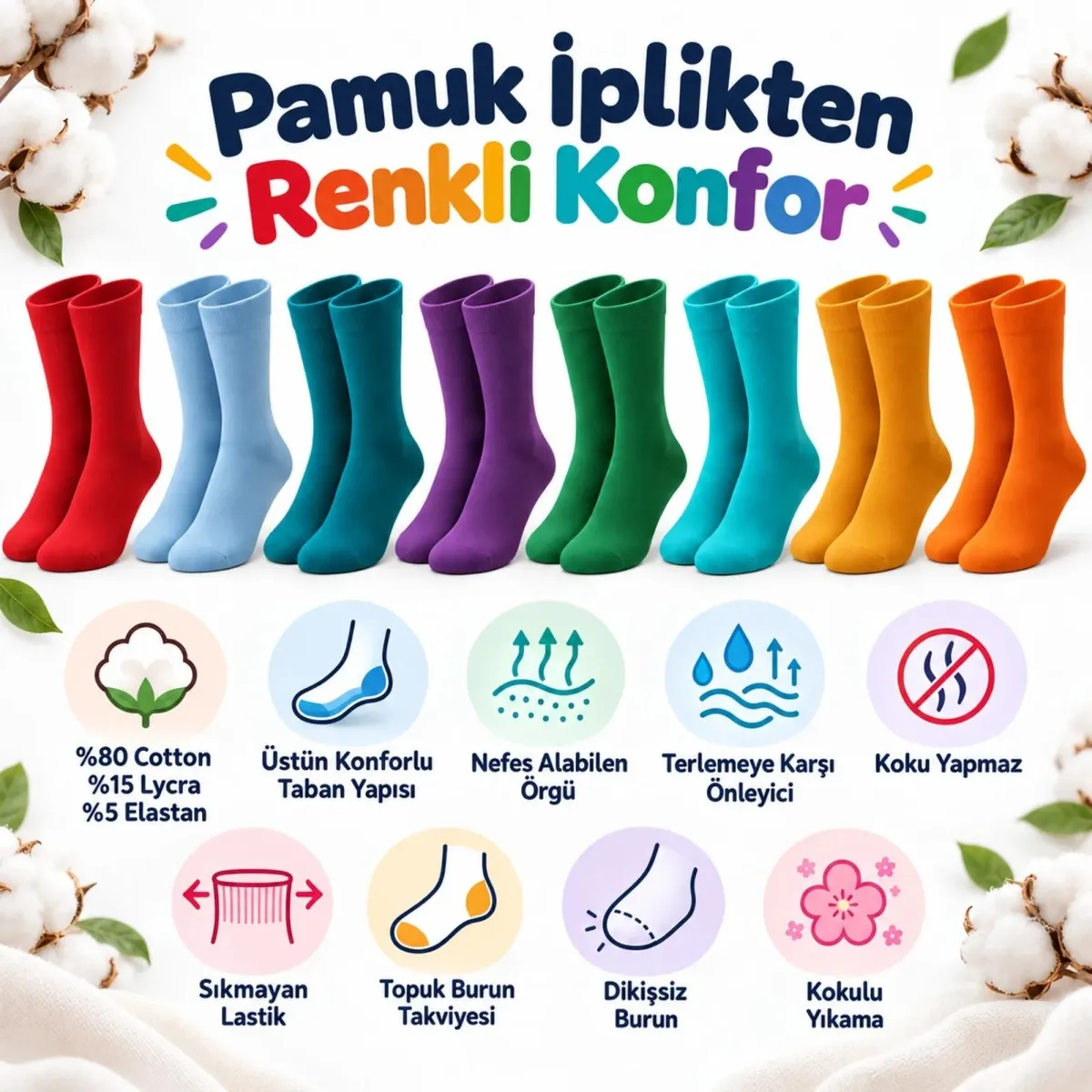 Unisex Renkli Çorap 8'li Set Günlük Rahat Esnek Uzun Soket Çorap Canlı Renkler Yumuşak Konforlu Seti görseli