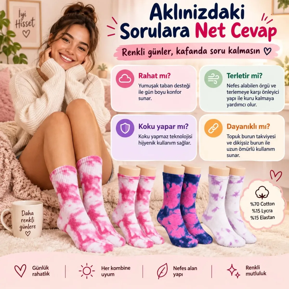 Unisex Batik Desenli Çorap 6'lı Set Pamuklu Renkli Uzun Soket Dikişsiz Nefes Alan Günlük Spor Çorabı görseli