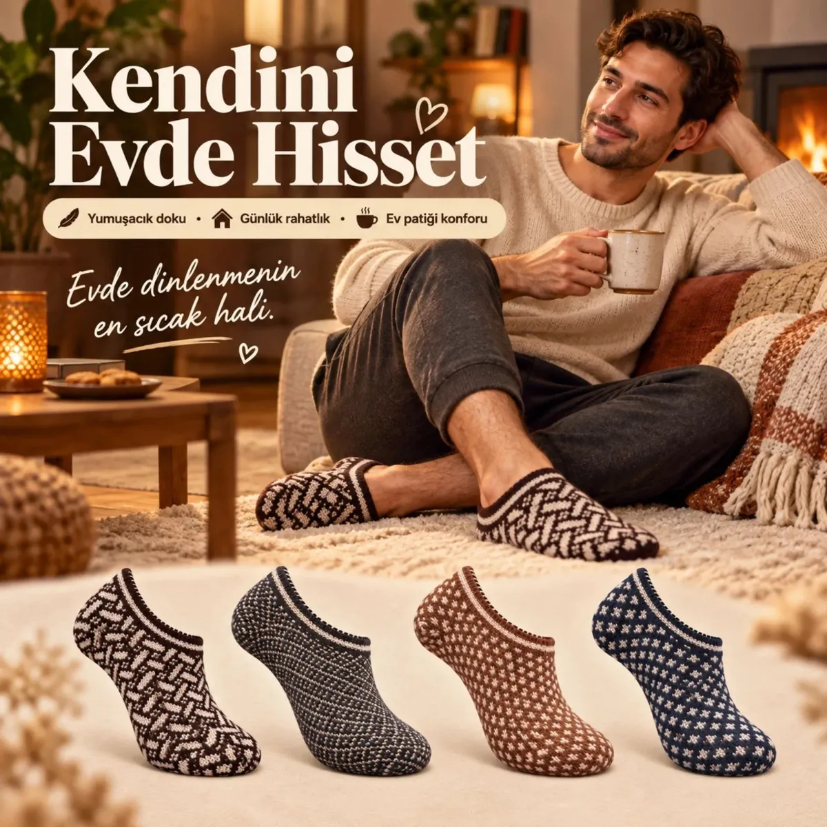 Erkek Ev Patiği 8'li Set | Geometrik Desenli Örgü Görünümlü Kısa Patik Çorap Karışık Renkli Paketler görseli