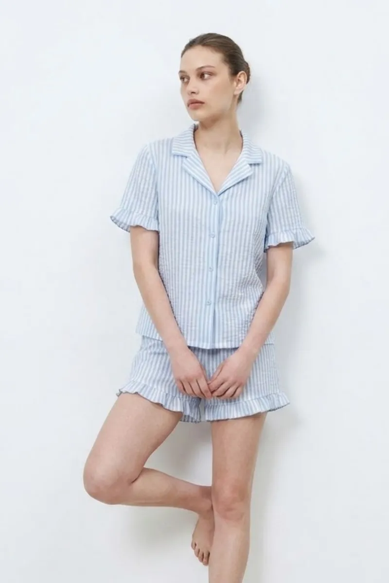 Kadın Premium Fırfırlı Mavi Pijama Takımı görseli