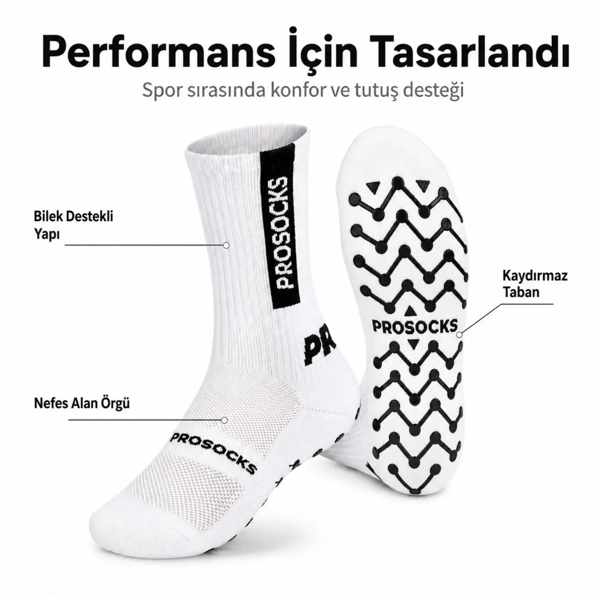 Kaydırmaz Spor Çorabı Beyaz | Nefes Alan, Bilek Destekli, Güçlü Tutuşlu Performans Çorabı görseli