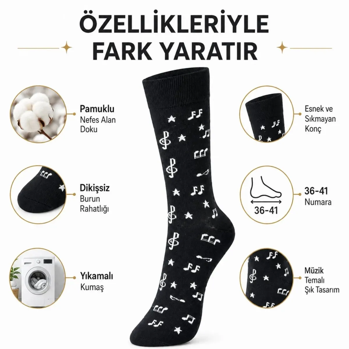 Kadın Müzik Notalı Soket Çorap 36-40 | Pamuklu Dikişsiz Burun Siyah Beyaz Uzun Konç görseli