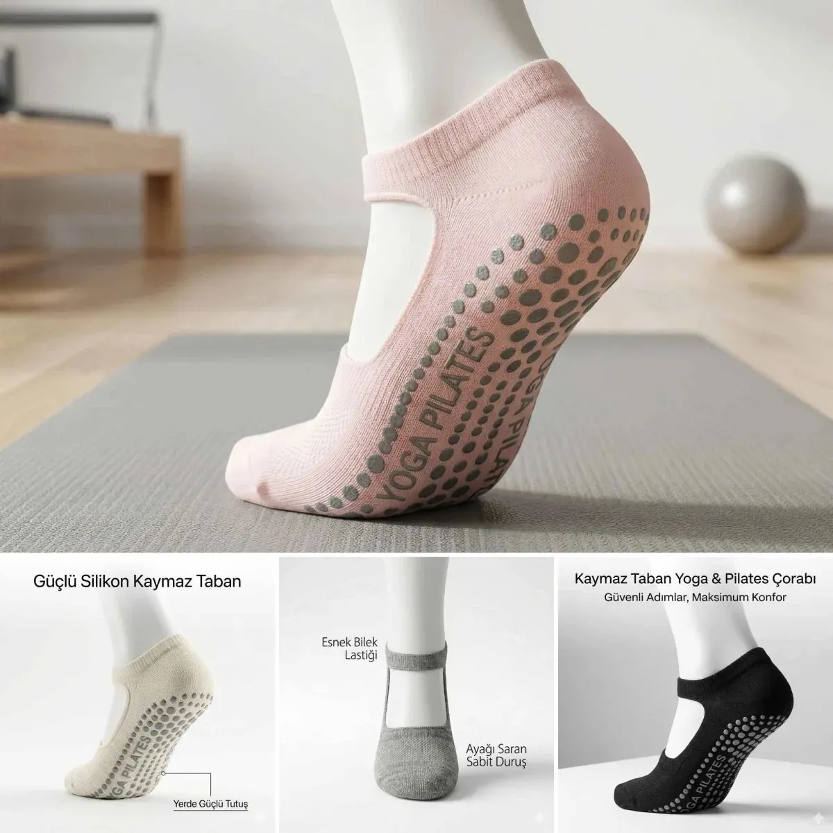 Kadın Kaymaz Yoga Pilates Çorabı 4'lü | Silikon Taban, Bilek Bantlı, Ev Spor Umre, 4 Renk görseli