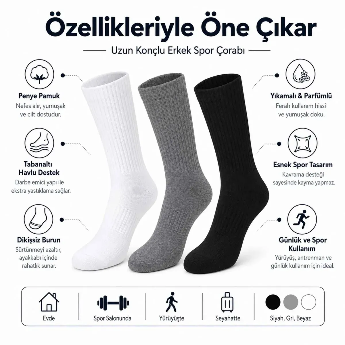 Erkek Spor Çorap 6'lı | Penye Pamuklu Havlu Tabanlı Uzun Konç, Dikişsiz Burun, Siyah Gri Beyaz görseli