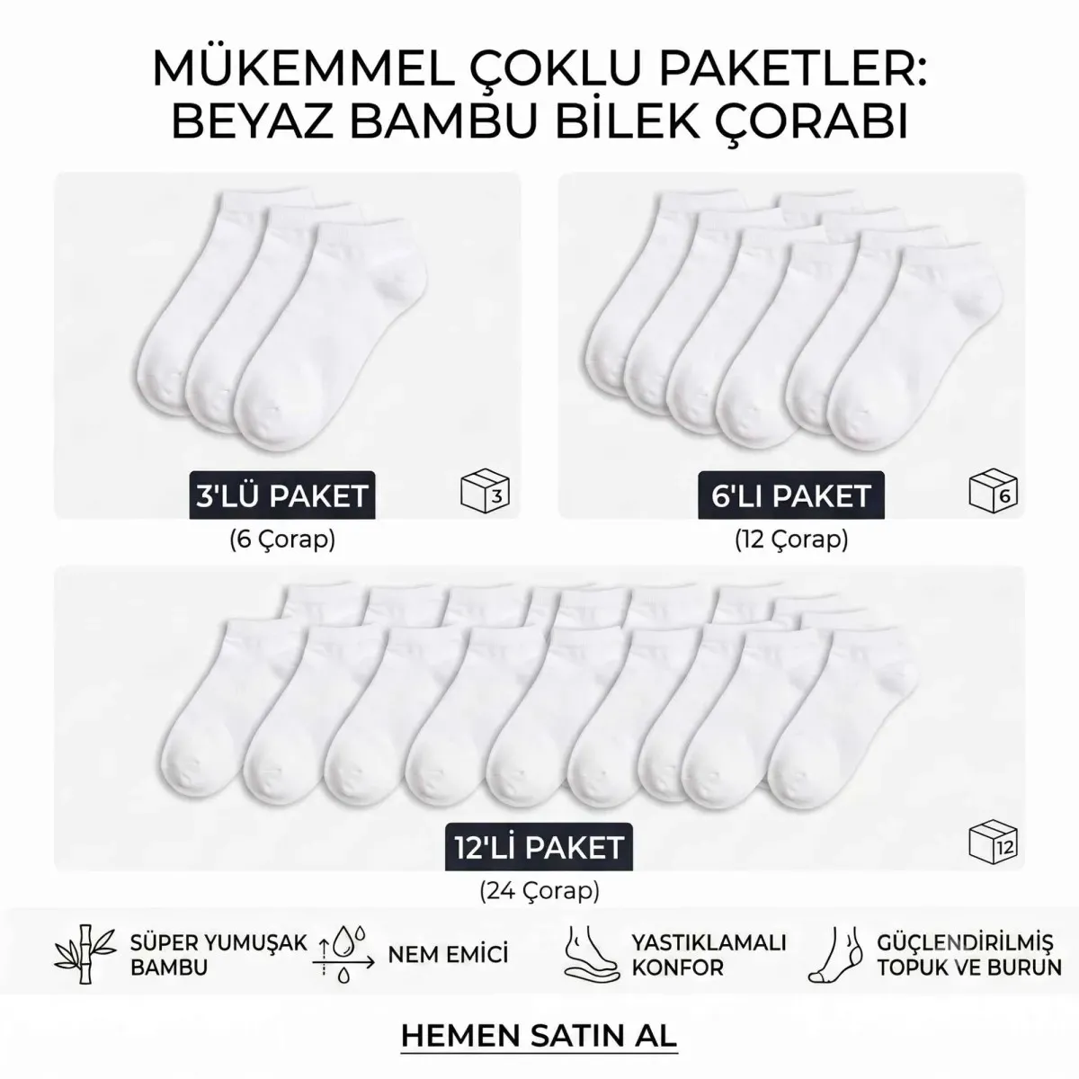 Kadın Bambu Patik Çorap 12'li | Nefes Alan Nem Emici Yumuşak, Siyah Beyaz Gri görseli