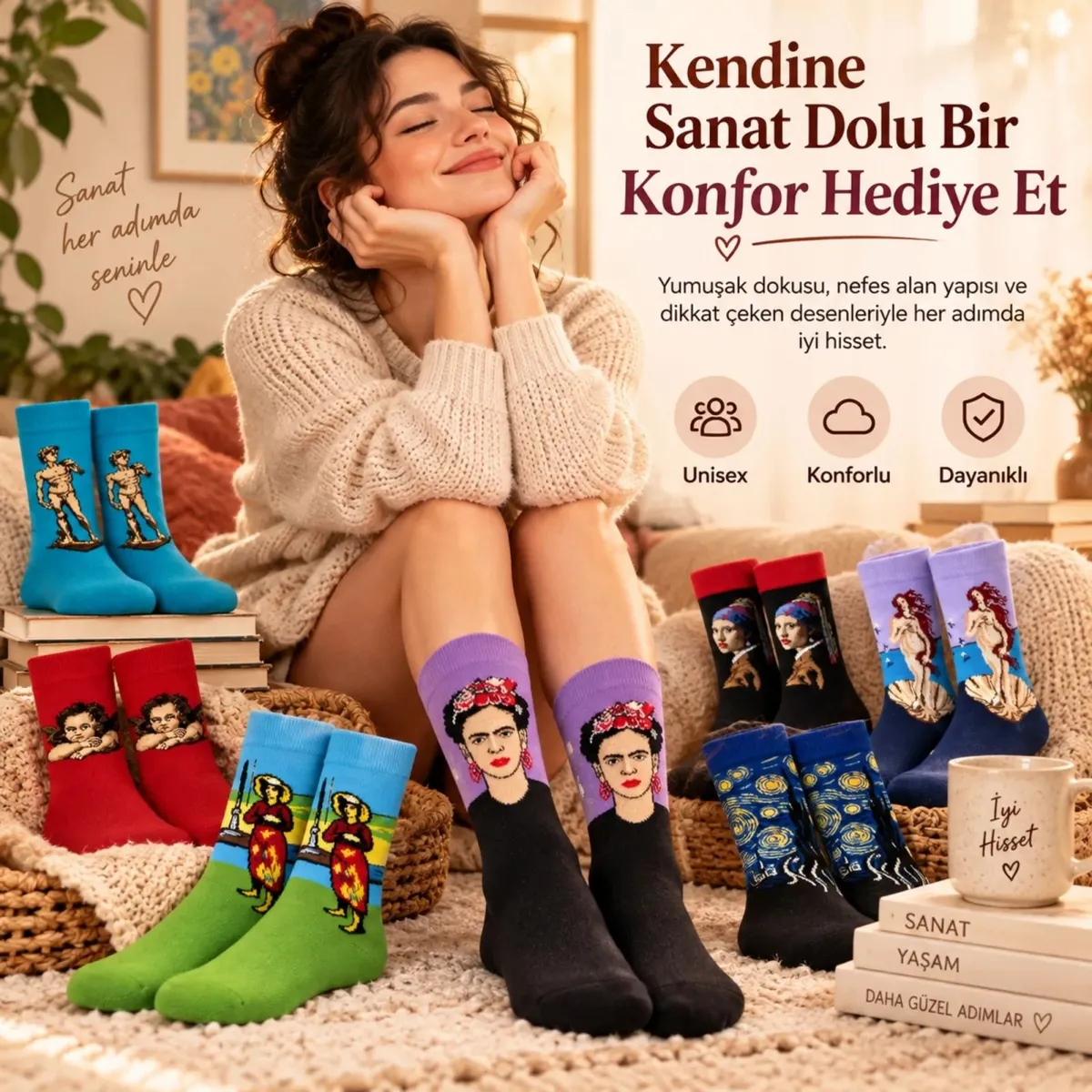 UNİSEX Çorap Sanat Temalı Renkli 7'li Set Portre Tablo Desenli Uzun Soket Günlük Eğlenceli Çorap Şık görseli