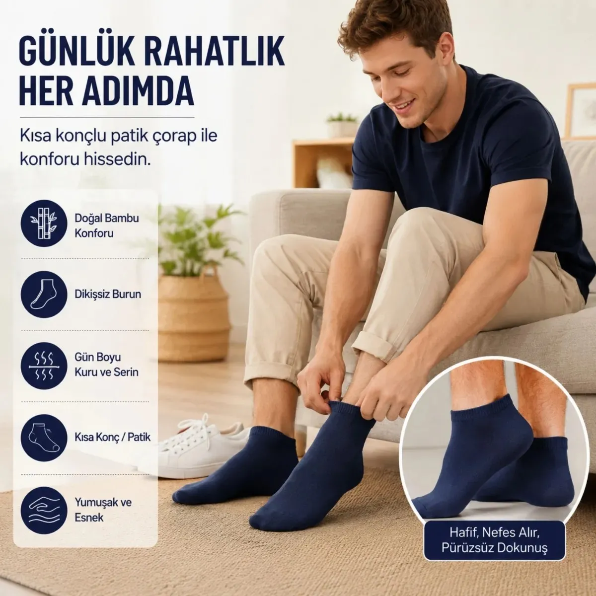 Erkek Bambu Patik Çorap 8'li 39-44 | Dikişsiz Burun Nefes Alan Yumuşak Çok Renkli görseli