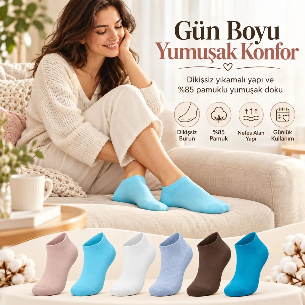 Kadın Yıkamalı Dikişsiz Patik Çorap 6'lı Kutulu Set | Renkli Günlük Sneaker Çorabı Hediyelik Paketi!