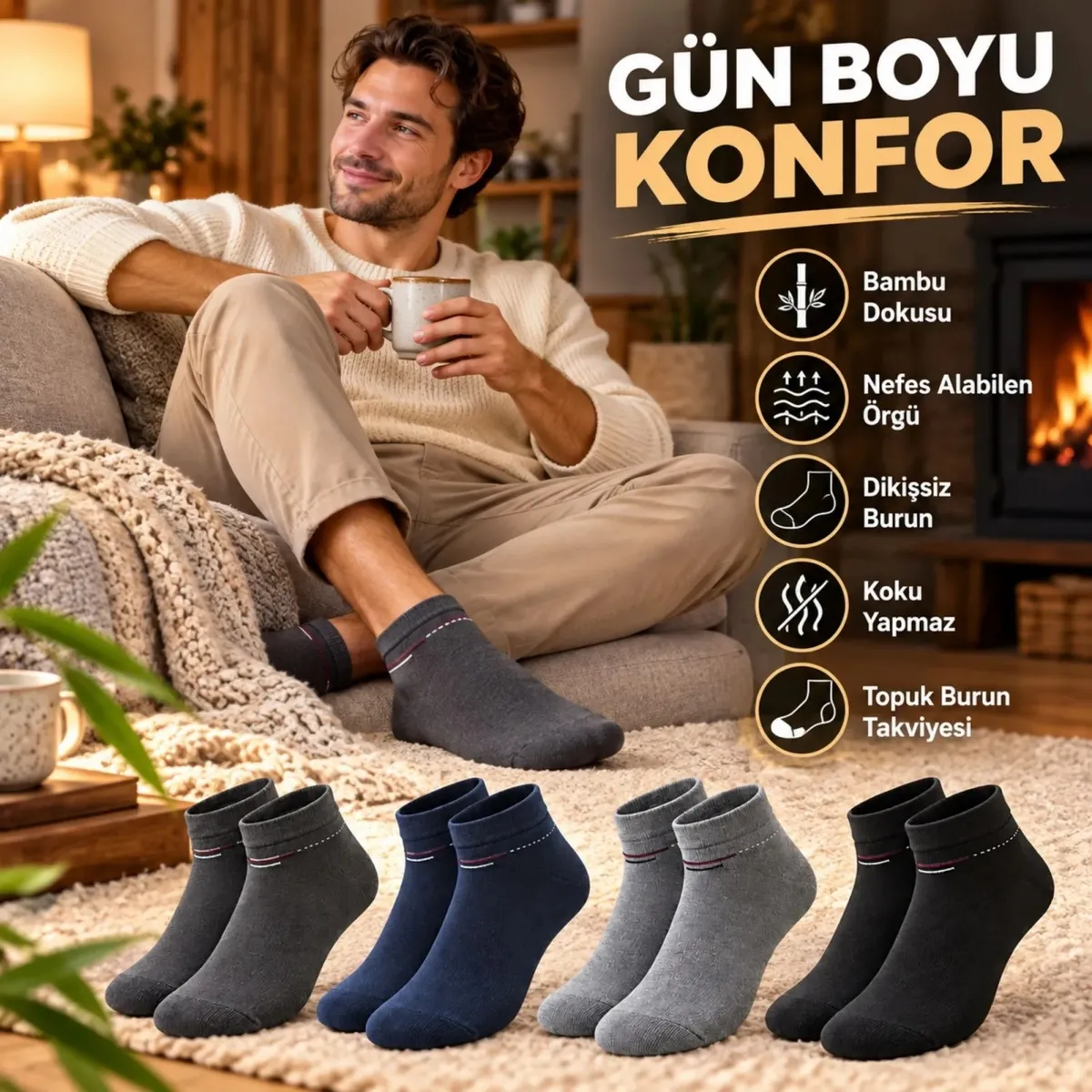 Erkek Bambu Patik Çorap 8'li Set Yumuşak Dikişsiz Nefes Alan Sıkmayan Lastikli Günlük Rahat Çorap