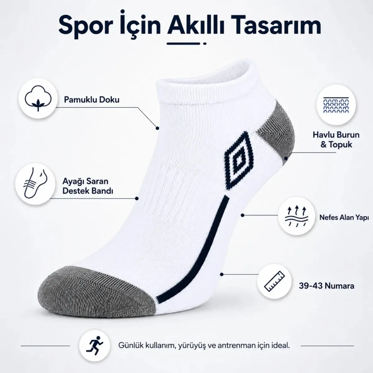 Erkek 6’lı Spor Patik Çorap 39-44 Pamuklu Havlu Destekli Bilek Boy Beyaz Gri