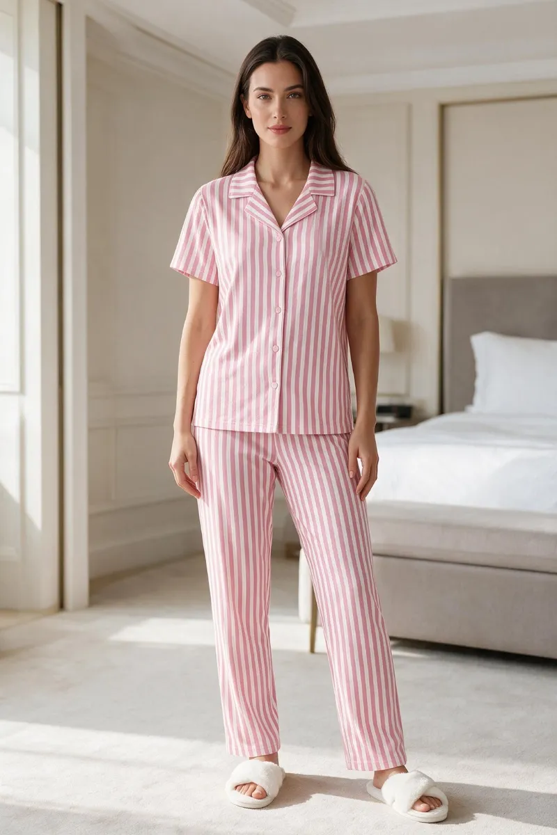 Kadın Pembe Beyaz Çizgili Kısa Kollu Düğmeli Milan Kumaş Pijama Takımı görseli