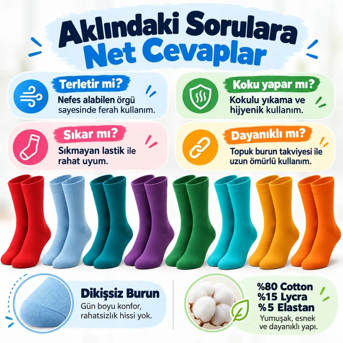 Unisex Renkli Çorap 8'li Set Günlük Rahat Esnek Uzun Soket Çorap Canlı Renkler Yumuşak Konforlu Seti görseli