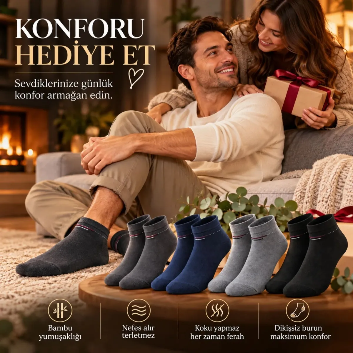 Erkek Bambu Patik Çorap 8'li Set Yumuşak Dikişsiz Nefes Alan Sıkmayan Lastikli Günlük Rahat Çorap görseli