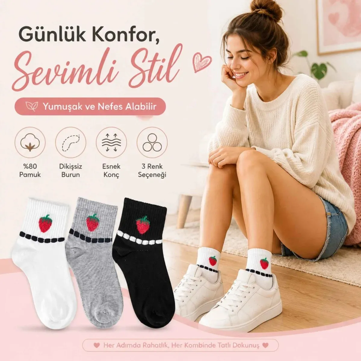 Kadın Çilek Desenli Kısa Konç Çorap 6'lı | %80 Pamuklu Dikişsiz, Siyah Beyaz Gri görseli