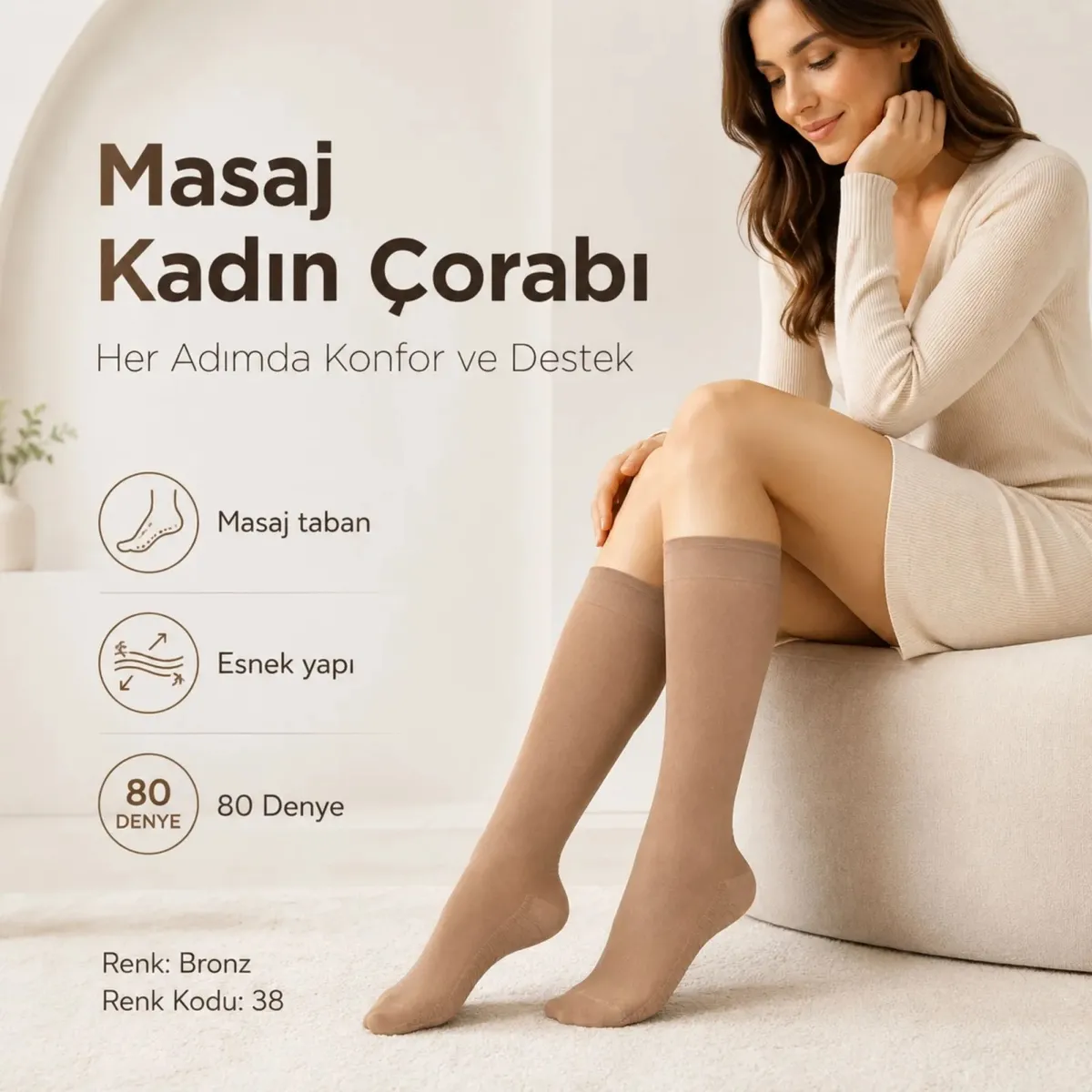 Kadın 4'lü Set Anne Masaj Tabanlı Dizaltı Çorap 80 Denye Esnek Rahat Günlük Kullanım görseli