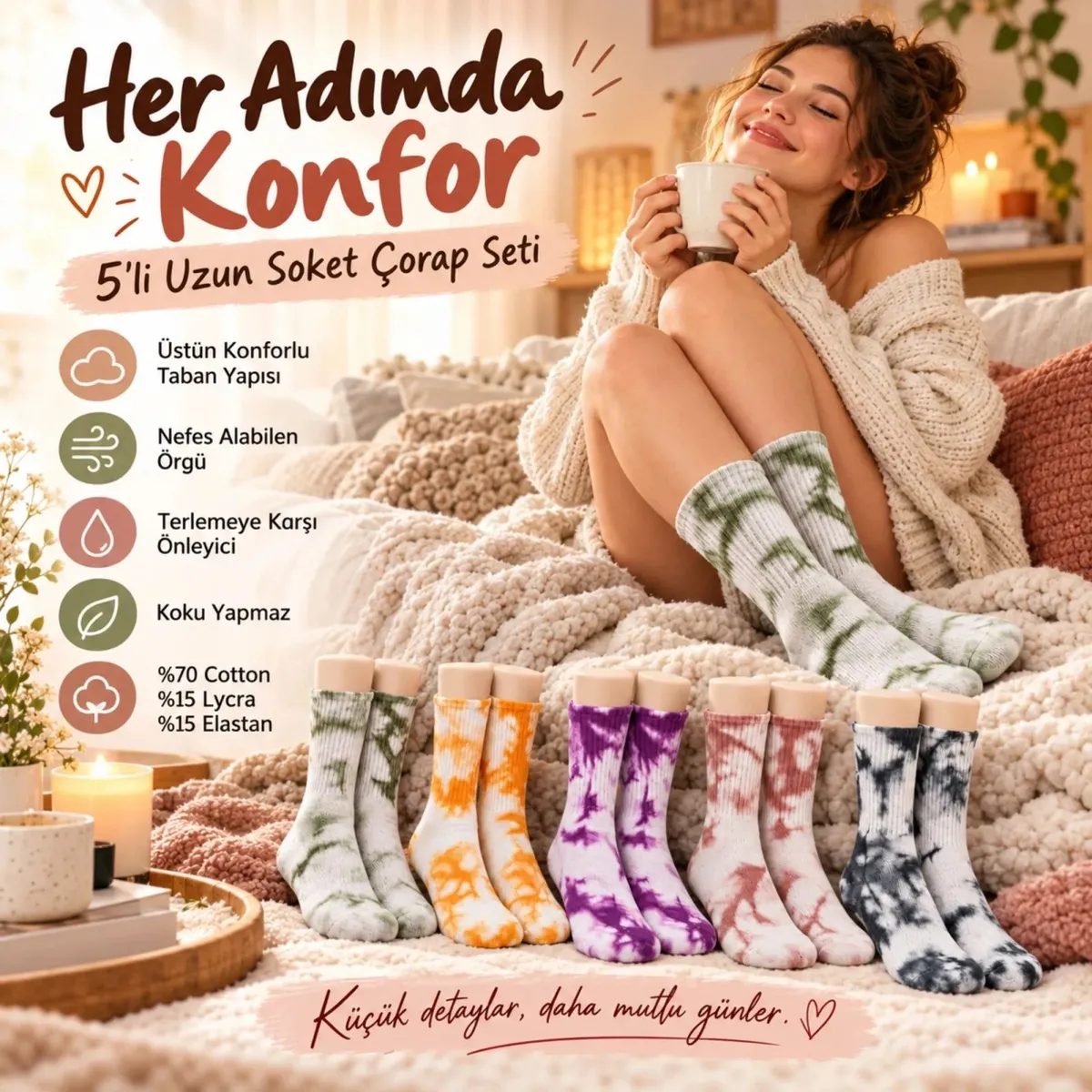 Unisex Batik Desenli Çorap 10'lu Renkli Pamuklu Uzun Soket Dikişsiz Nefes Alan Günlük Spor Çorabı görseli