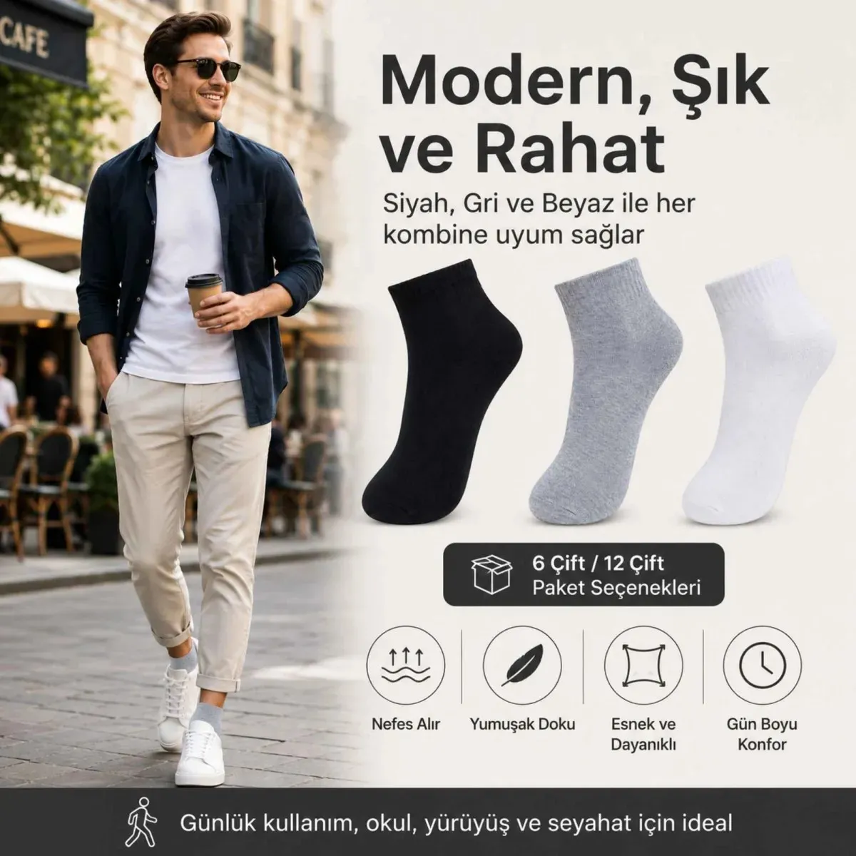 Erkek Kısa Konç Çorap 6'lı | %80 Pamuklu Dikişsiz Burun, Nefes Alan, Siyah Gri Beyaz görseli