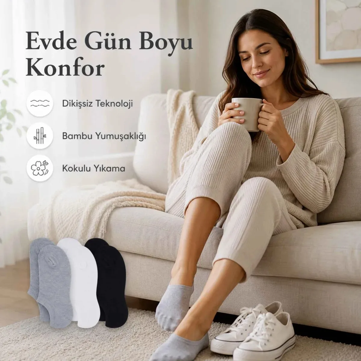 Kadın Bambu 6’lı Dikişsiz Babet Çorap Siyah Beyaz Gri Görünmez Sneaker Çorap Nefes Alan Yumuşak görseli