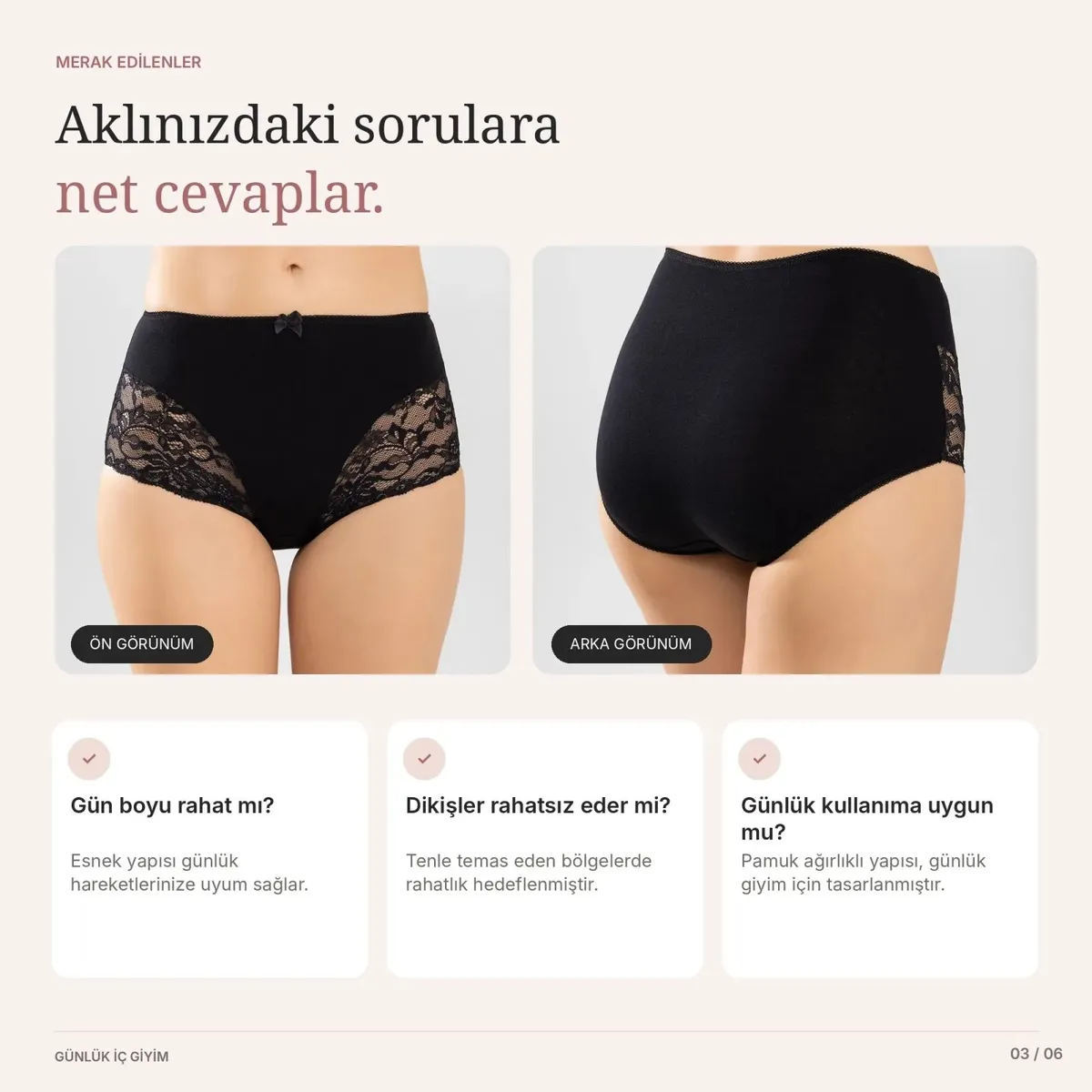 Kadın Pamuklu 3'lü Yüksek Bel Güpürlü Bato Külot Siyah Ten | Yanları Dantelli Günlük ve Rahat İç Çamaşırı görseli