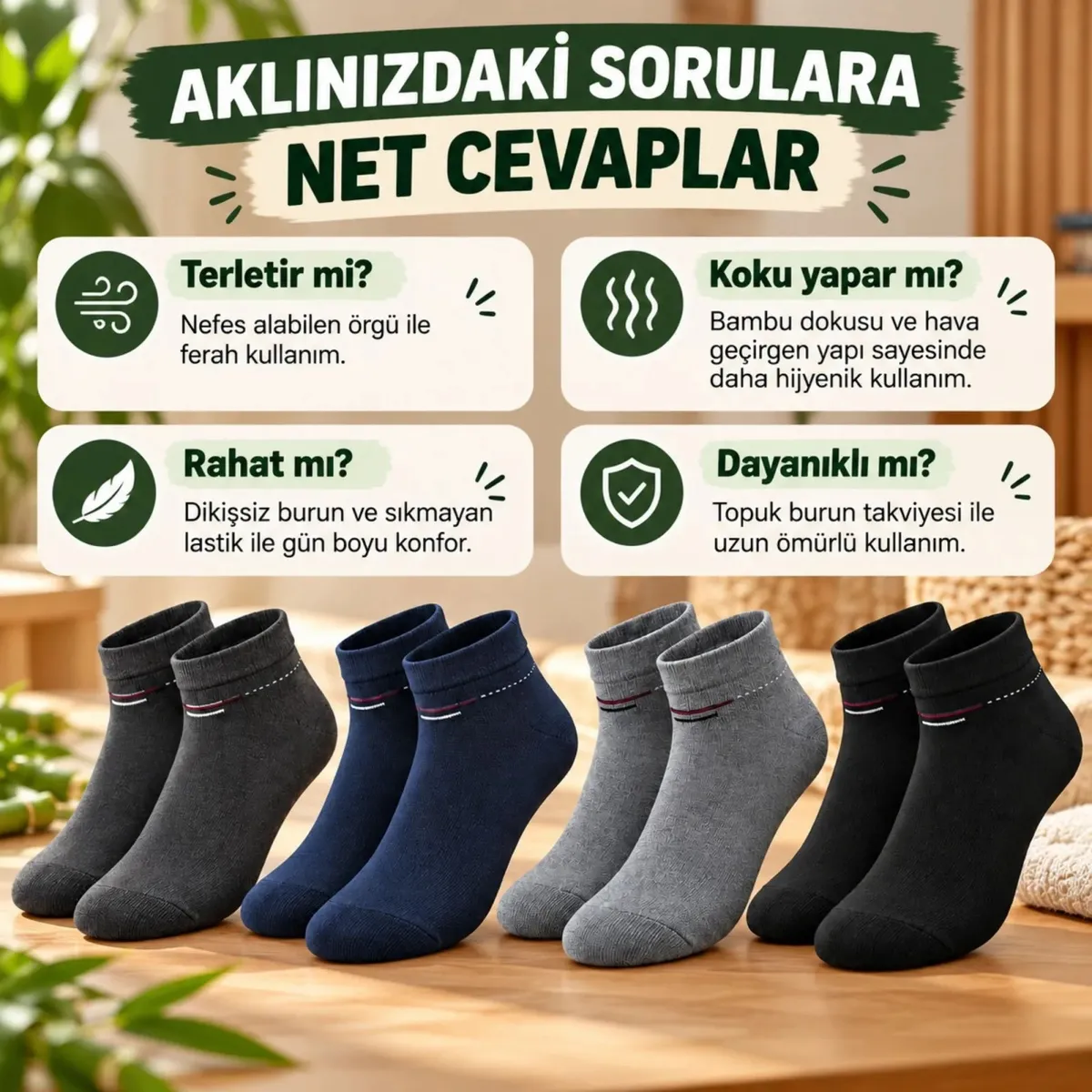 Erkek Bambu Patik Çorap 8'li Set Yumuşak Dikişsiz Nefes Alan Sıkmayan Lastikli Günlük Rahat Çorap görseli
