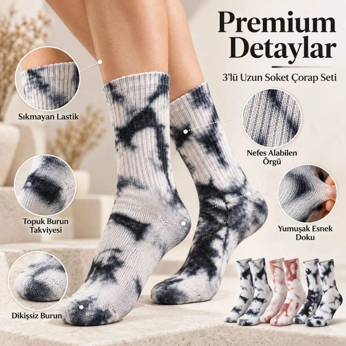 Unisex Batik Desenli Çorap 3'lü Set Pamuklu Uzun Soket Günlük Spor Nefes Alan Dikişsiz görseli