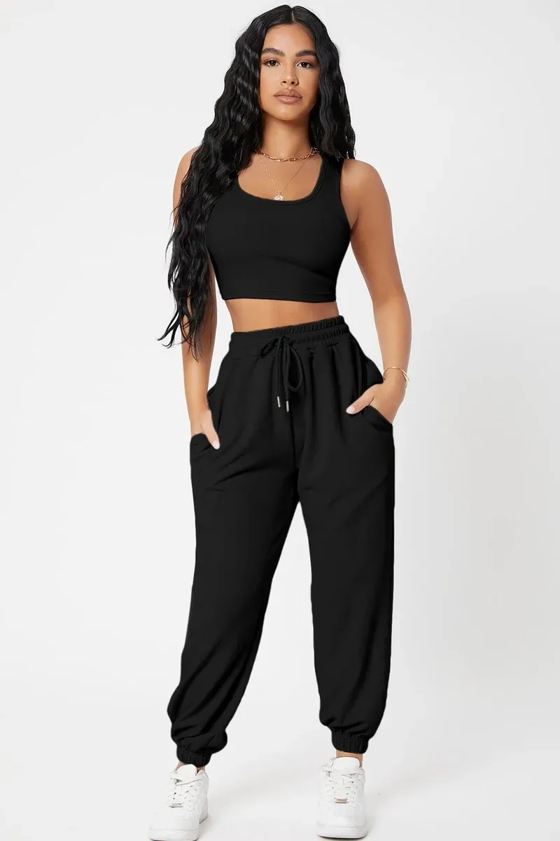 Kadın Siyah Kaşkorse Cepli Jogger Eşofman Altı ve Crop Top Bluz görseli