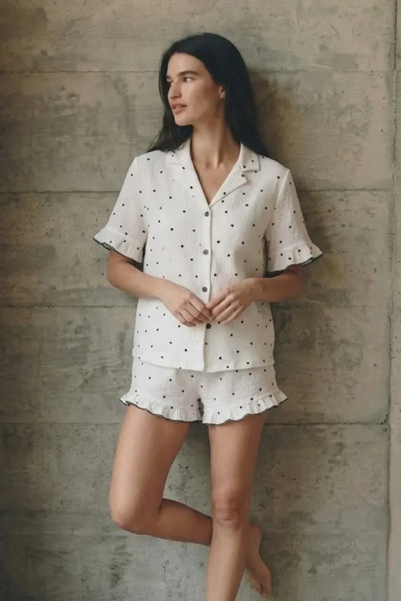 Kadın V Yaka Comfort Fit Beyaz Pijama Takımı görseli