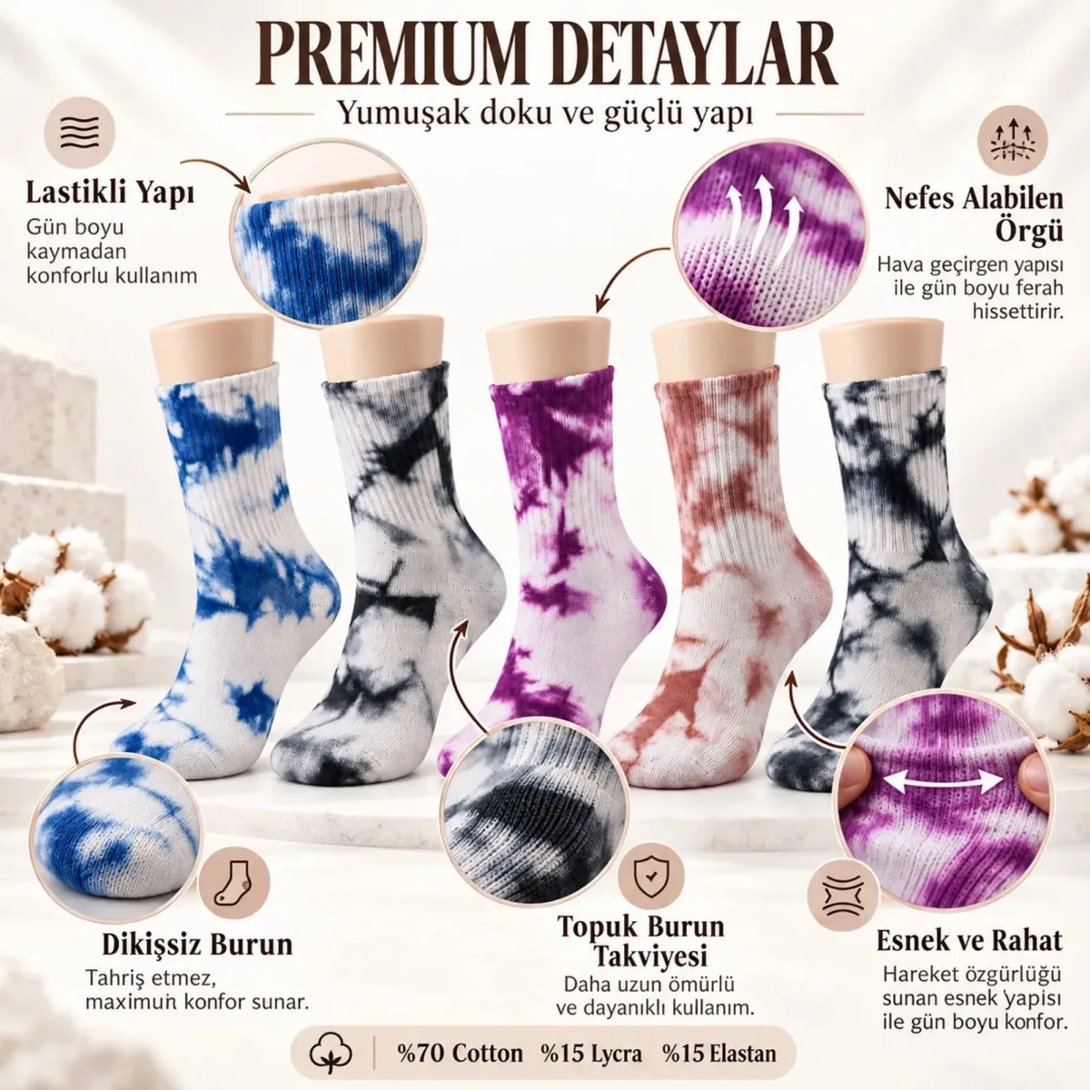 Mavi Mor Gül Kurusu Unisex Batik Desenli Çorap 5'li Set Pamuklu Renkli Uzun Soket Dikişsiz Nefes Alan Günlük Spor Çorabı görseli
