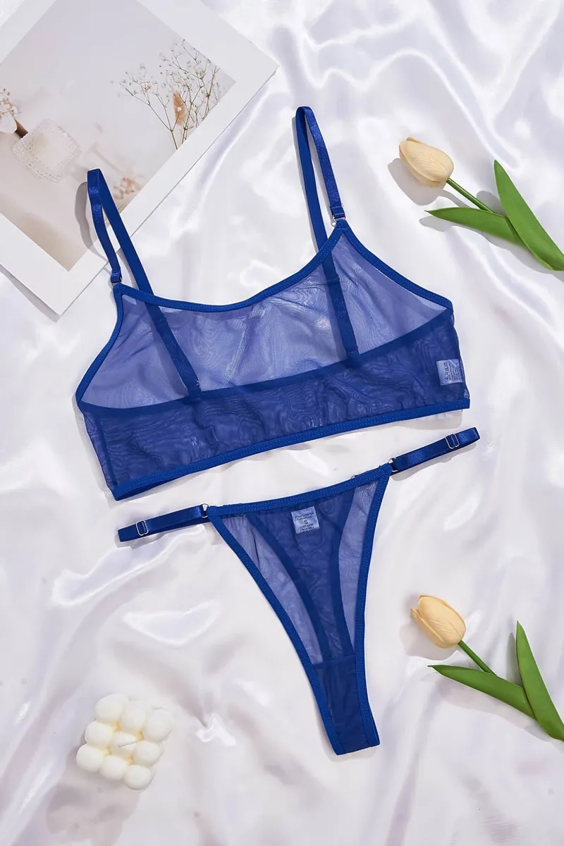 Mavi Transparan Tül Bralet Tanga İç Giyim Takımı TM1389 görseli