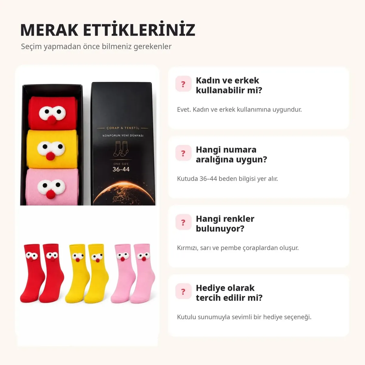 Kutulu 3D Gözlü Ponponlu Soket Çorap 6'lı Set | Kırmızı Sarı Pembe Renkli Eğlenceli Hediyelik Çorap! görseli
