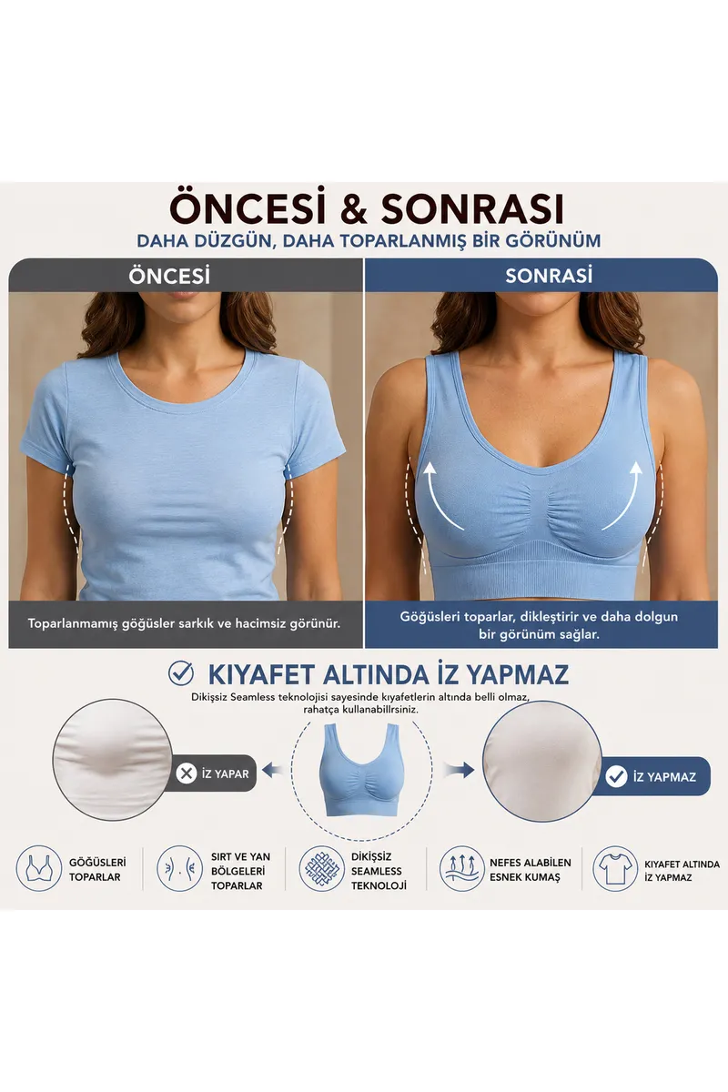 Göğüs Toparlayıcı Dikişsiz Seamless Büstiyer Korse – Kalın Askılı Pedsiz Balensiz Toparlayıcı Sütyen 5050 Mavi görseli
