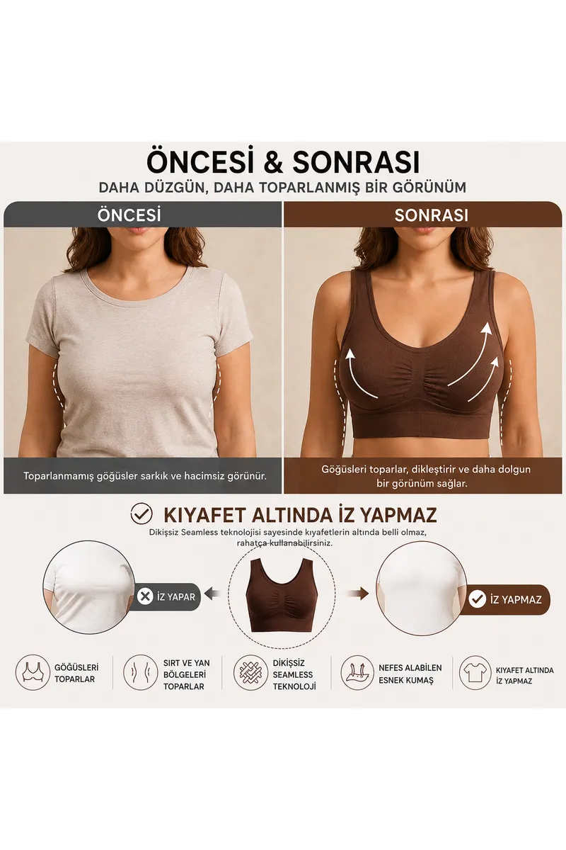 Göğüs Toparlayıcı Dikişsiz Seamless Büstiyer Korse – Kalın Askılı Pedsiz Balensiz Toparlayıcı Sütyen 5050 Kahverengi görseli