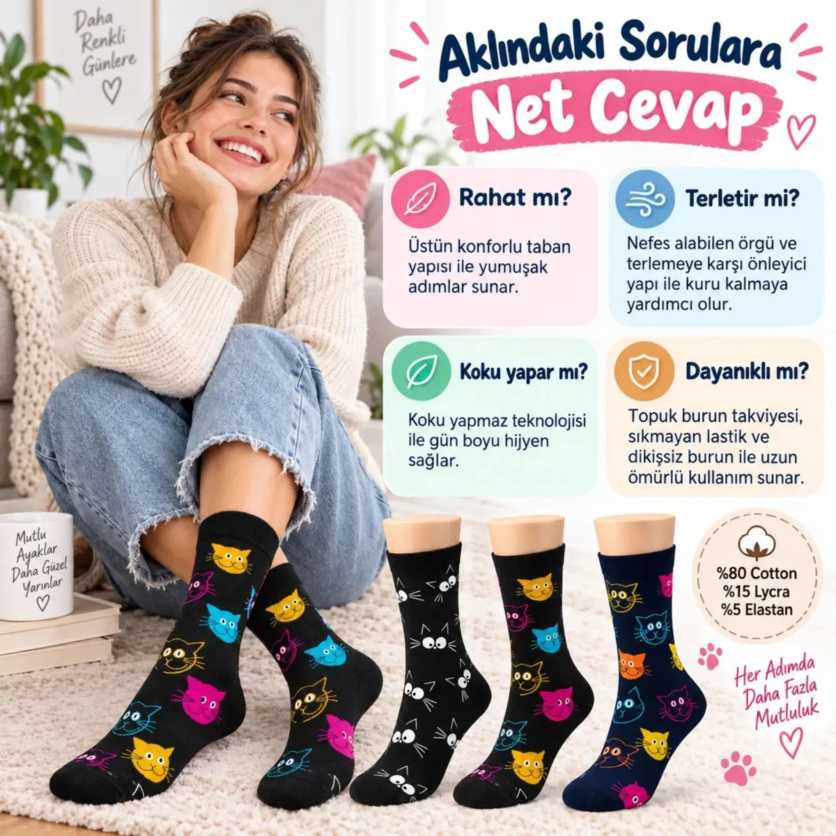Unisex Kedi Desenli Çorap 3'lü Set Pamuklu Renkli Uzun Soket Dikişsiz Nefes Alan Rahat Günlük Çorap görseli