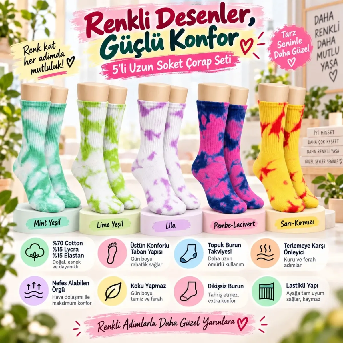 Unisex Batik Desenli Çorap 10'lu Renkli Pamuklu Uzun Soket Dikişsiz Nefes Alan Günlük Spor Çorabı görseli