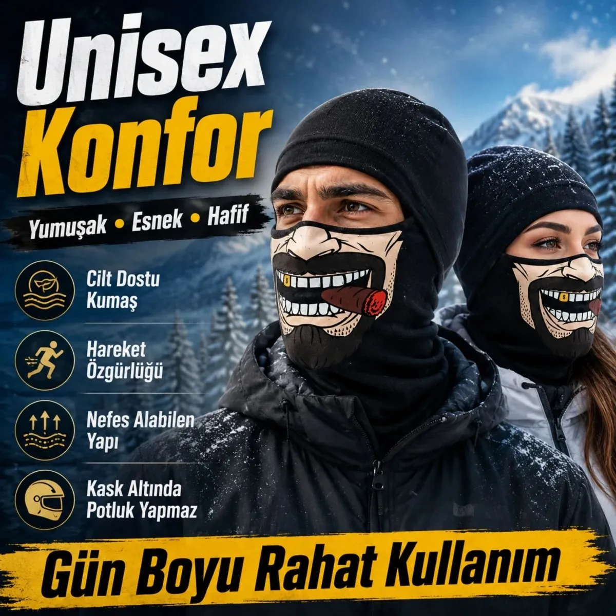 Unisex Bıyık Puro Baskılı Balaklava 1 Adet Tek Beden Viskoz Kask İçi Motosiklet Maskesi görseli