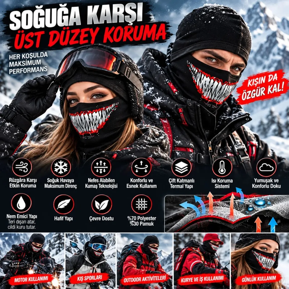 Unisex Tam Yüz Balaklava Diş Desenli Kışlık Maske Nefes Alan Esnek Kask Altı Boyunluk Yumuşak Viskoz görseli
