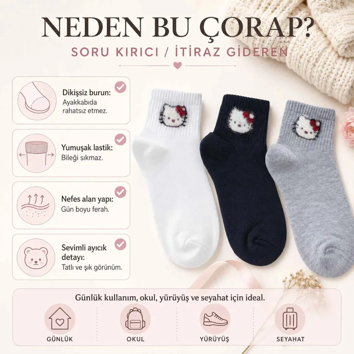 Kadın Sevimli Kedi Desenli Bilek Çorap 6'lı | %80 Pamuklu Dikişsiz, Siyah Beyaz Gri görseli