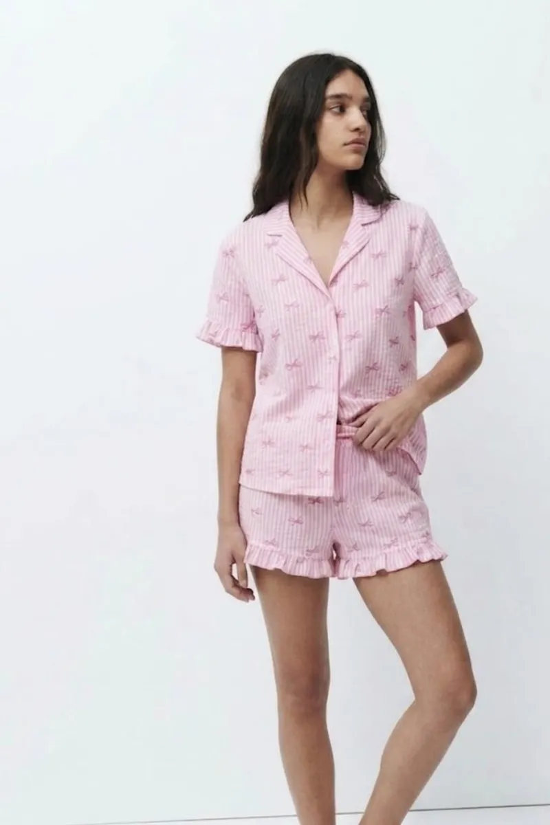 Kadın Desenli Trend Pembe Pijama Takımı görseli