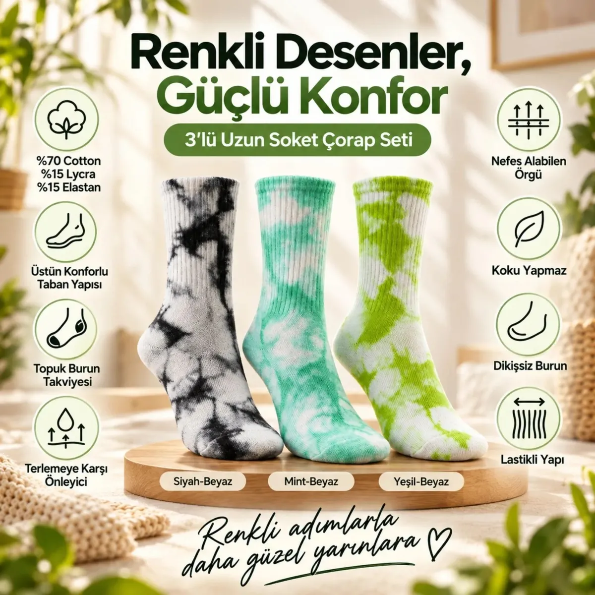 Unisex Batik Desenli Çorap 3'lü Set Renkli Pamuklu Uzun Soket Dikişsiz Nefes Alan Günlük Spor Çorabı görseli