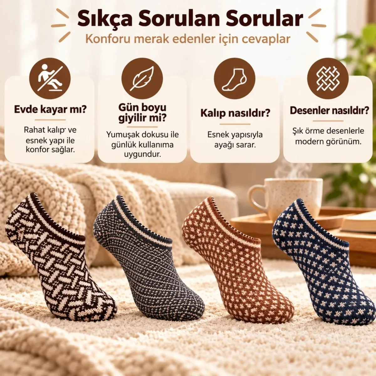 Erkek Ev Patiği 8'li Set | Geometrik Desenli Örgü Görünümlü Kısa Patik Çorap Karışık Renkli Paketler görseli