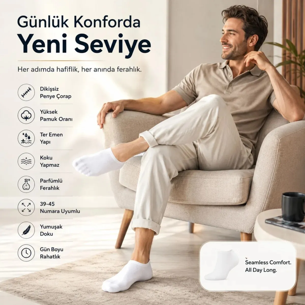 Erkek Patik Çorap 6’lı Siyah Beyaz Lacivert 39-44 Yüksek Pamuklu Dikişsiz Koku Karşıtı görseli